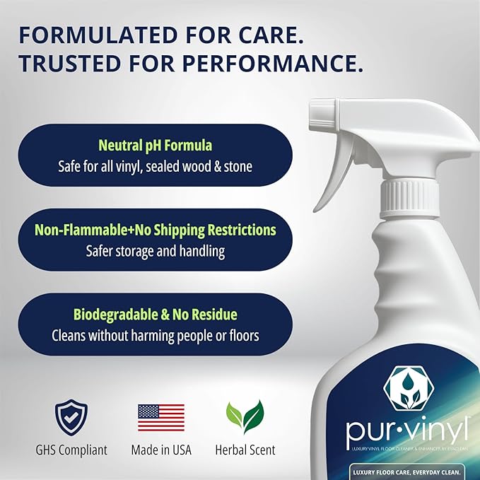 EvaClean PurVinyl Floor Cleaner - Ready to Use, 2-Pack Spray Bottles 32 FL Oz. Each, Enhances LVT & Tile Floors, Neutral pH, No Residue, For Mop or Auto Scrubber, For Hospitals, Hotels & Schools