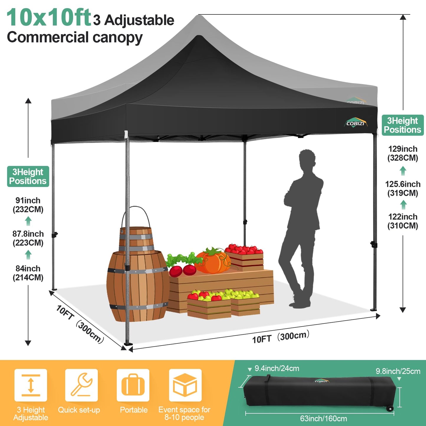 COBIZI 10x10 Pop Up Canopy Tent with 4 sidewalls Commercial Heavy Duty Canopy UPF 50+ All Weather Waterproof Outdoor Canopy Wedding Tents for Parties Gazebo with Roller Bag, Black (Windproof Upgraded)