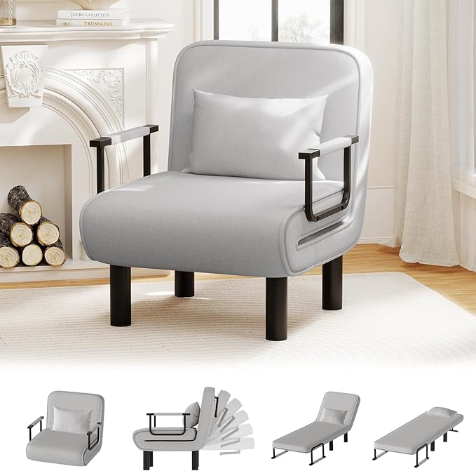 Furniliving 4 in 1 Folding Sofa Bed Chair, Convertible Sleeper Chair Bed with 6-Position Adjustable Backrest, Upholstered Chaise Lounge with Pillow, Accent Chairs for Bedroom/Office, Linen, LightGrey