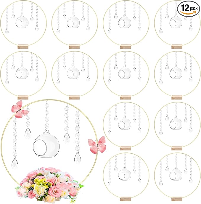 Leinuosen 12 Pack 12'' Metal Floral Hoop Centerpieces Set with Wooden Stand, Hanging Candle Holder, Acrylic Crystal Pendan...