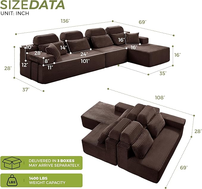 136" L-Shaped Cloud Modular Sectional Sofa with Chaise & Headrest, Boneless Deep Seat Plush Corduroy Couches for Large Living Room, No Assembly Required (Brown, 136" L-shapred Chaise)
