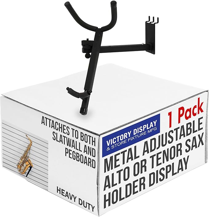 Metal Adjustable Alto or Tenor Sax Holder Display Attaches to Slatwall or Pegboard (Quantity 1) (1, Black)