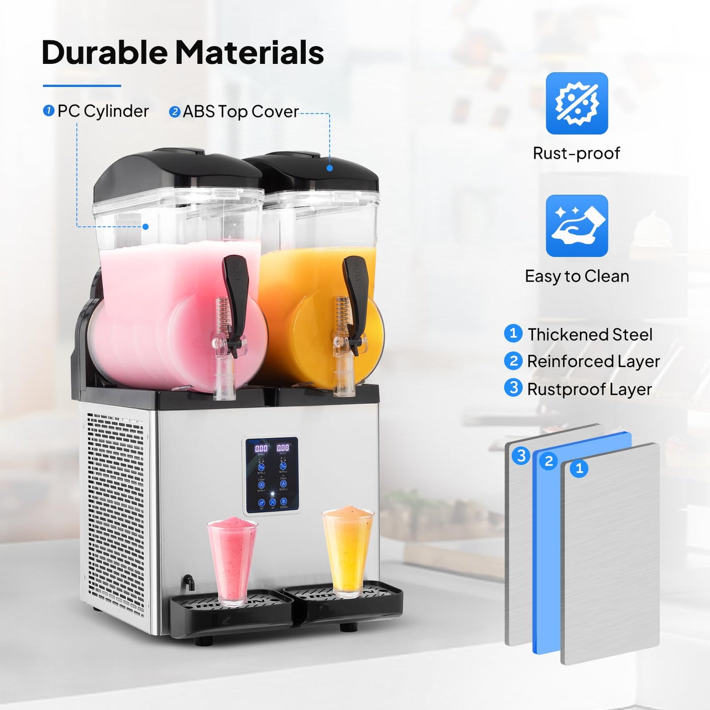 ROVSUN Commercial Slushy Machine, 15L X 2 Tanks Slushie Machine Frozen Drink Machine, 8 Gal/30L Margarita Machine Efficient Cooling Stainless Steel for Home Restaurant Bar Party Cafes 110V/60HZ