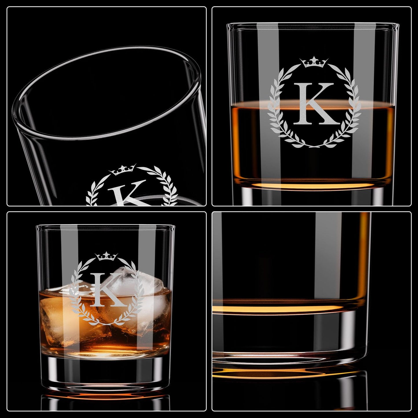 Personalized Whiskey Glasses Gifts for Men, Monogrammed Engraved A-Z 10.6 oz Rocks Glass Customized Gift, Unique Christmas Birthday Gifts for Men Him Dad Husband Brother Son (K)