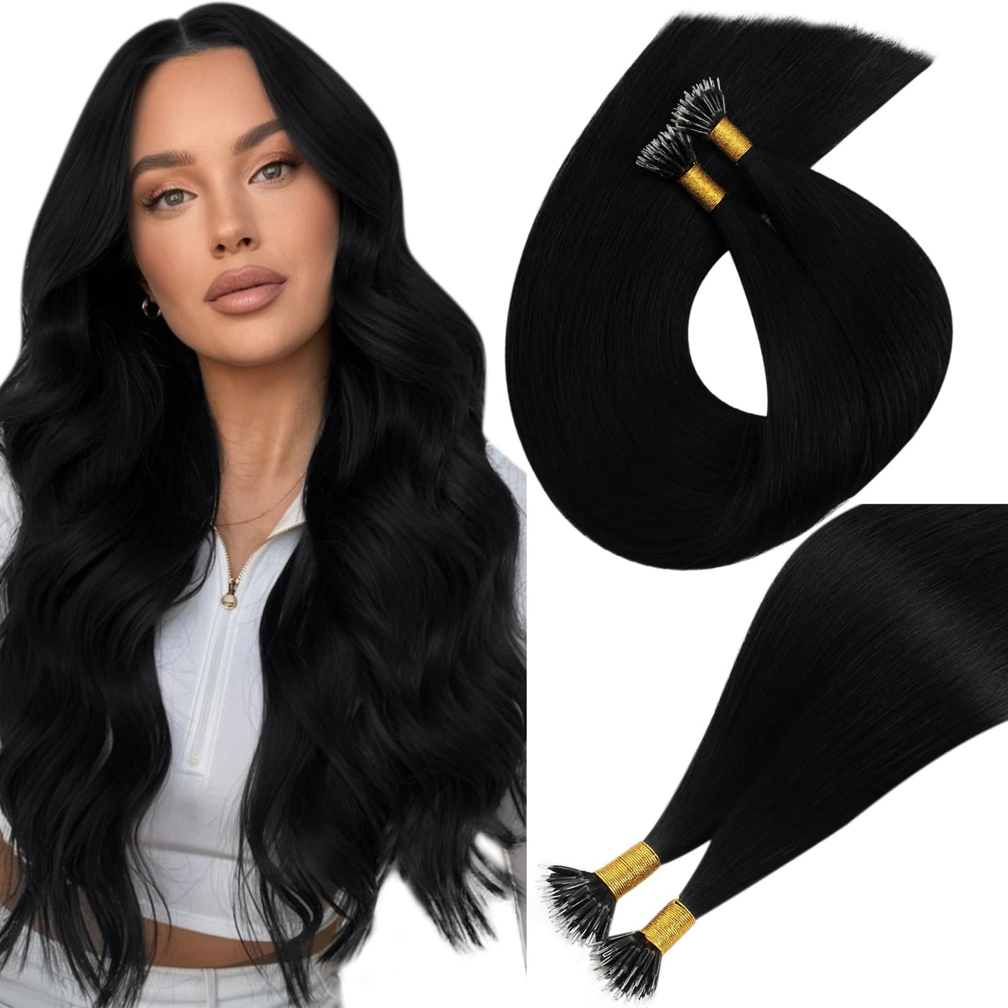 Easyouth Nanos Bead Hair Extensions Human Hair Natural Black Nano Extensions Keratin Hair Jet Black Nano Ring Hair Extension No-