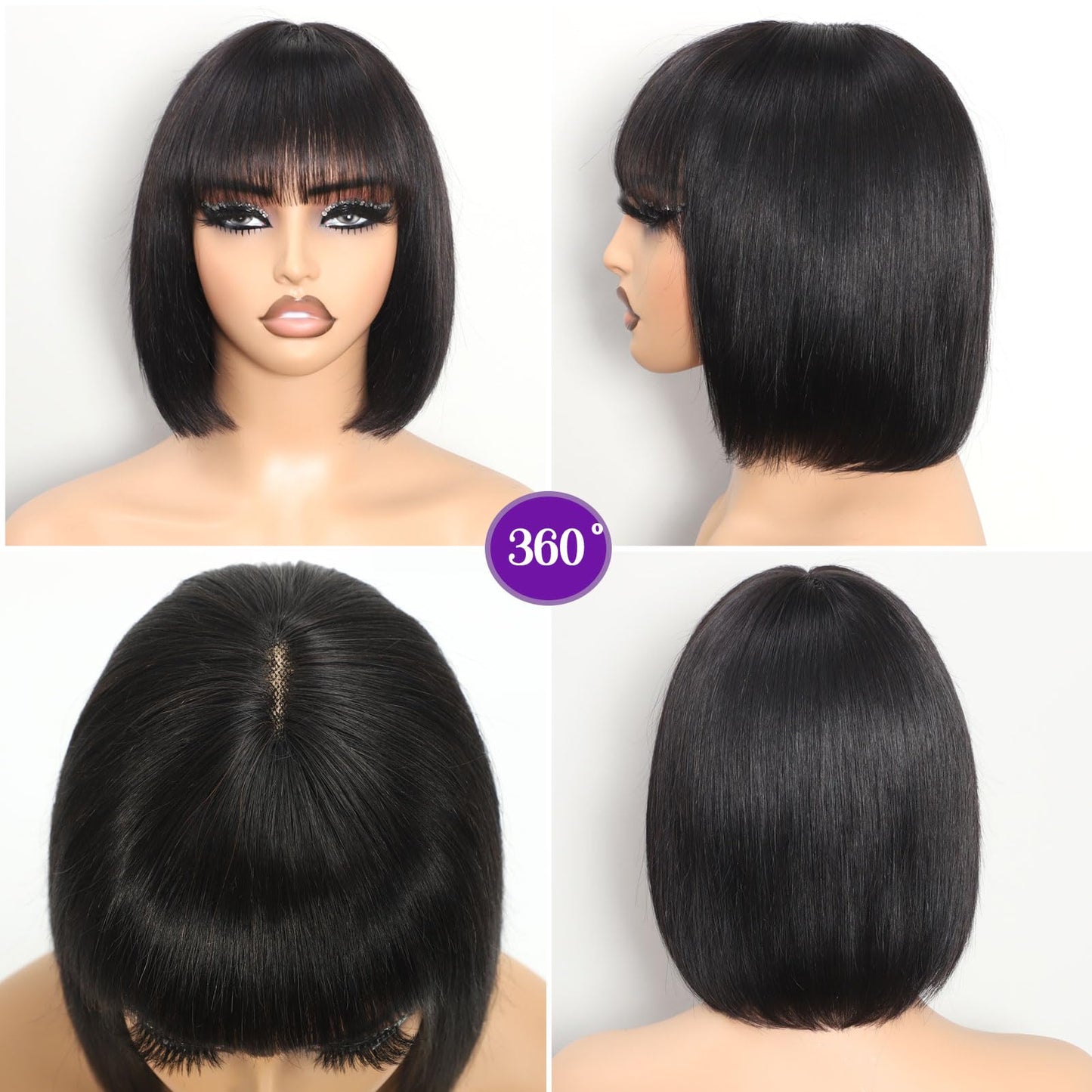 REMESSE Short Bob Wig with Bangs Human Hair Glueless 180% Density Middle Part Upgraded 2x1 Realistic Scalp Lace Wigs Natural Col