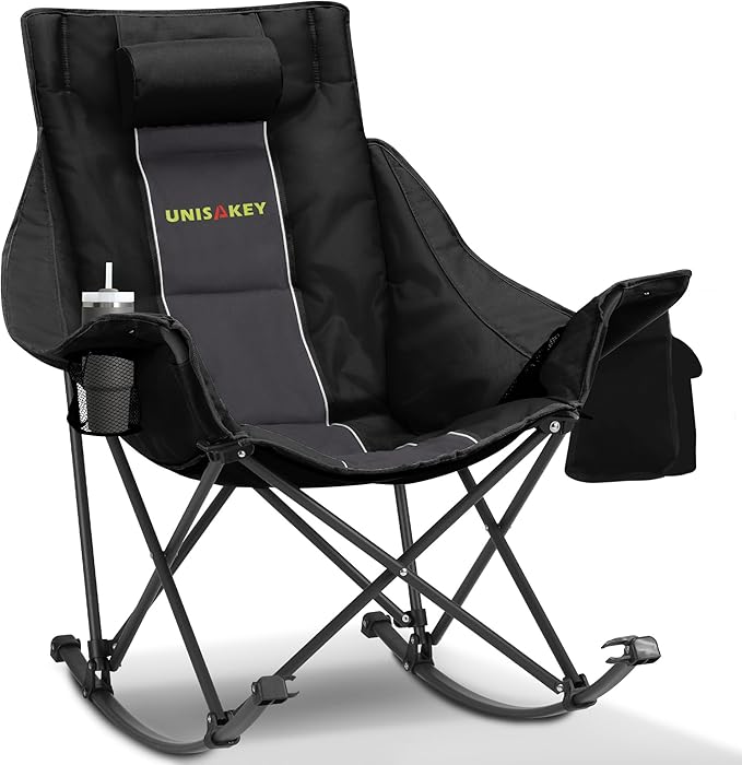 Unisakey Oversized Rocking Camping Chair with Headrest & Cup Holder - 400lbs Capacity, 600D Oxford Fabric, Easy Fold Porta...