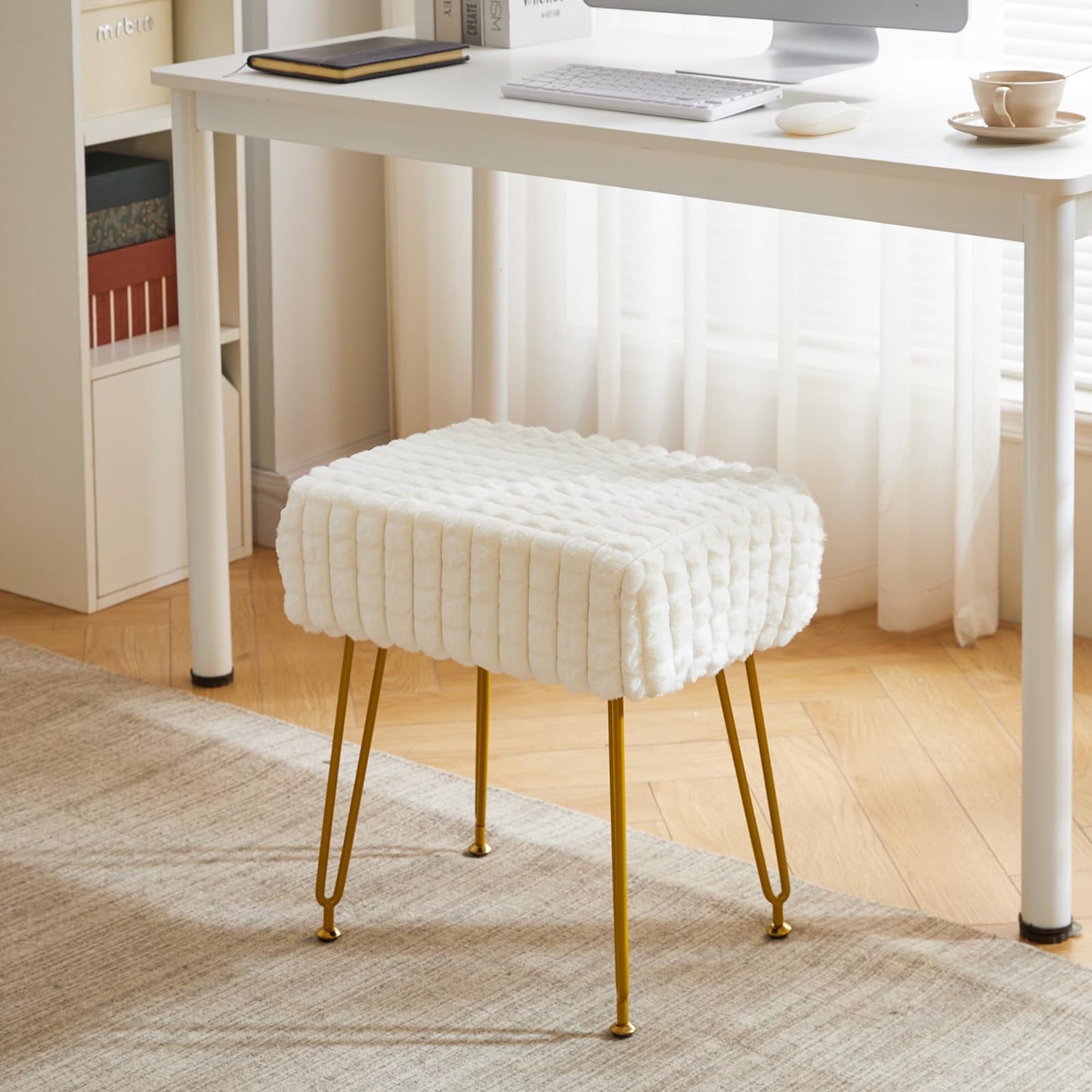 IBUYKE Rectangular Footrest Stool Ottoman, Makeup Vanity Stool Side Table, Velvet Dressing Table Seat, Footstool Chair, Golden Steel Legs, for Makeup Room, Bedroom, Square Grid Pattern, White WBD003W