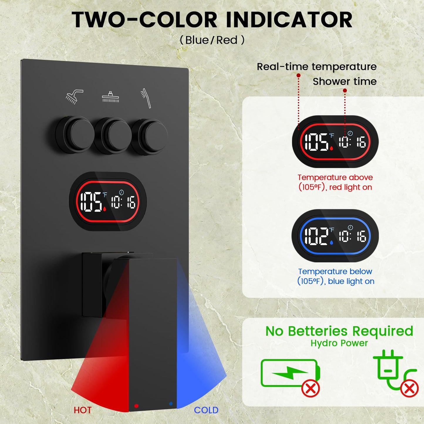 Push Button Diverter Shower Faucet Set Hydro Power Temperature Display, Shower System Wall Mounted 10" & 6" Shower Head with 3-Spary Handheld, Shower Fixtures with Valve and Trim Kit, Matte Black
