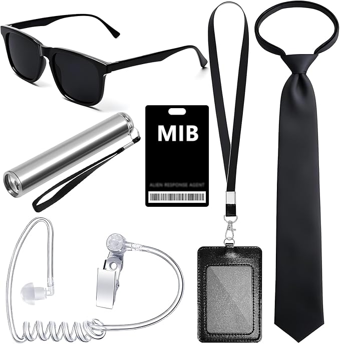 Asekonc 6 Pcs Agent Costume Secret Service Costume Set Spy Costume Accessories for Halloween Men Women Black Outfit