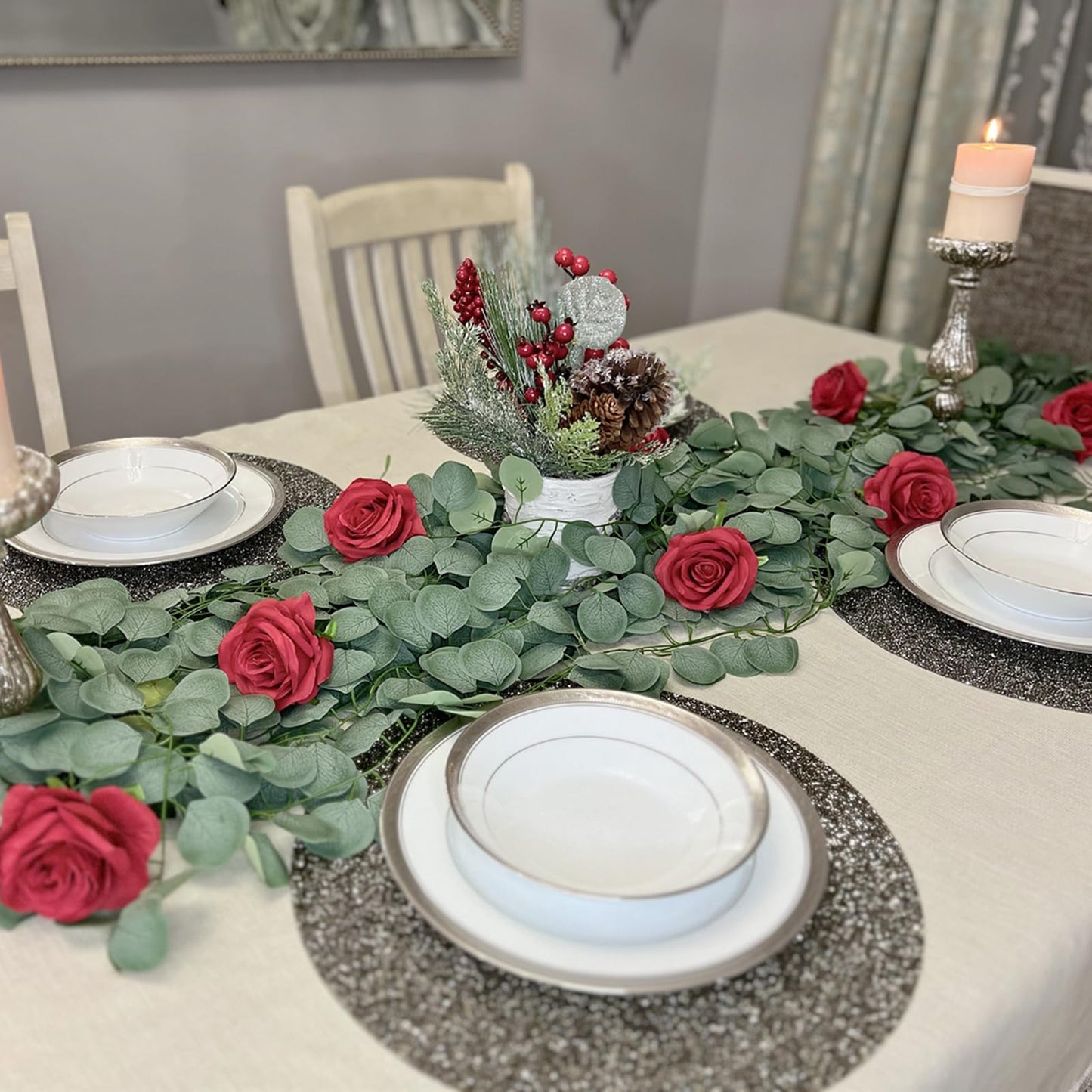 CQURE 28Pcs Eucalyptus Garland,Artificial Eucalyptus Leaves Table Greenery Garland Wreath Vines for Wedding Party Table Bedroom Wall Room Decor