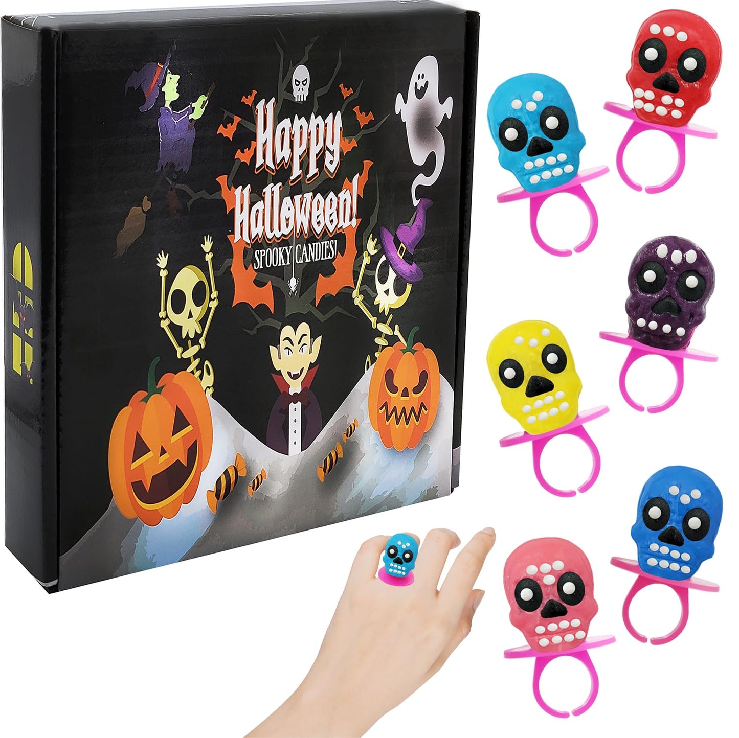 Fruidles Halloween Skull Candy Rings, Day of the Dead, Hard Candy, Individually Wrapped (48-Pack)