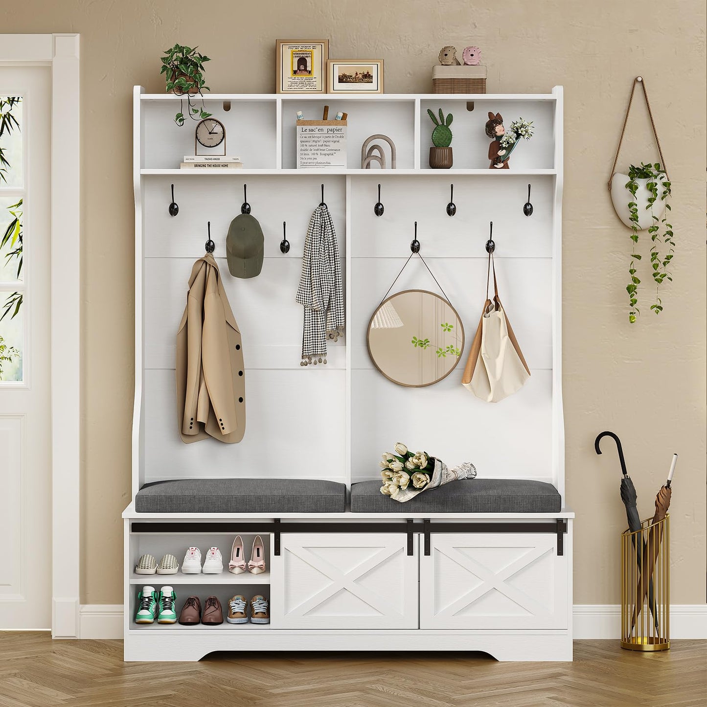 UPOSOJA Hall Tree with Bench and Shoe Storage, Entryway Bench with Coat Rack, Modern Farm House Barn Door 3-in-1 Hall Tree with Storage Cushioned Stool and Hooks for Hallway, Living Room (60IN)