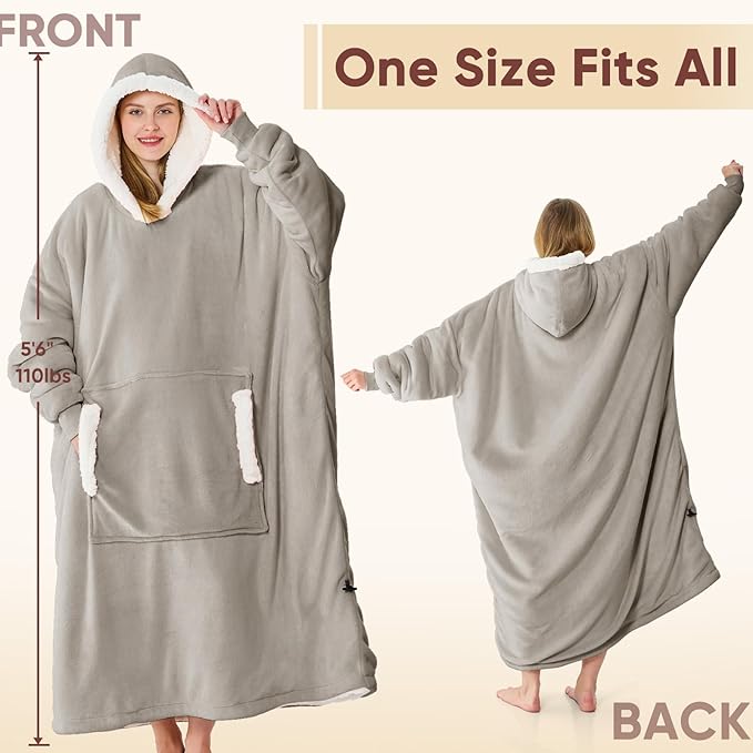 yescool Wearable Blanket Hoodie, Flannel Sherpa Fleece Blanket Sweatshirt for Adults Women Men,One Size Fits All