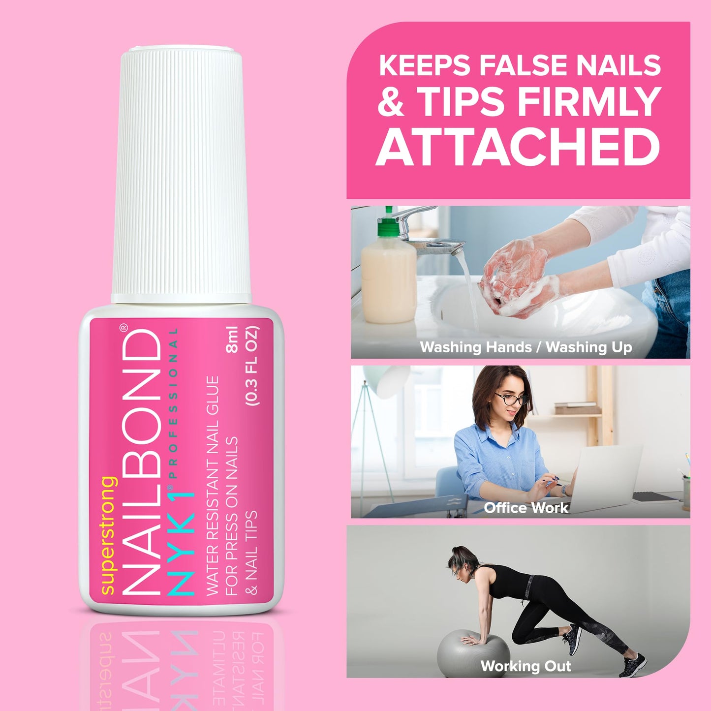 Super Strong Nail Glue for Press On Nails, Nail Tips & Acrylic Fake Nails (8ml) NYK1 NailBond Brush On Glue for Press Ons, Tips & Acrylics - Long Lasting, Maximum Strength, Mess-Free Application