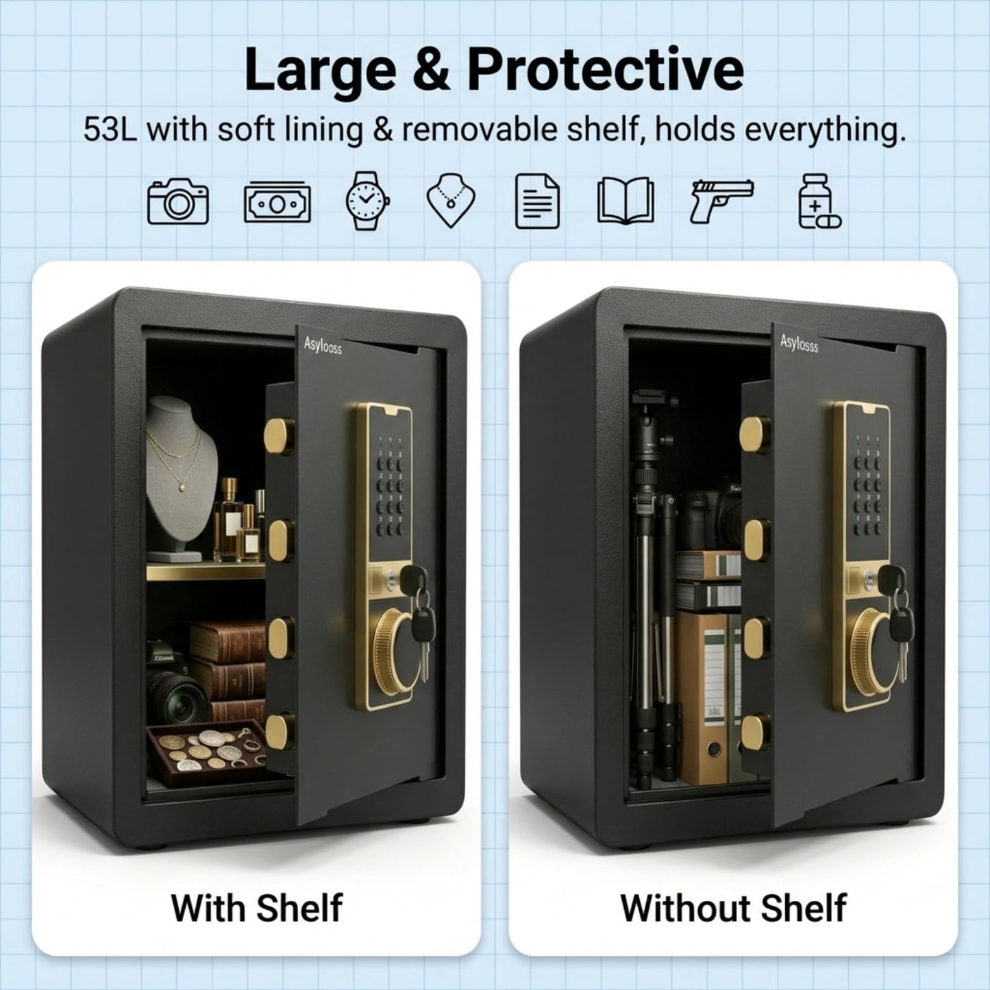 Asylosss 17.5" Tall Safe Box, 1.8 Cuft Fireproof Safe for Home, Anti-Theft Security Home Safe with Programmable Keypad Spare Keys, Digital Safety Box for Money Jewelry Documents