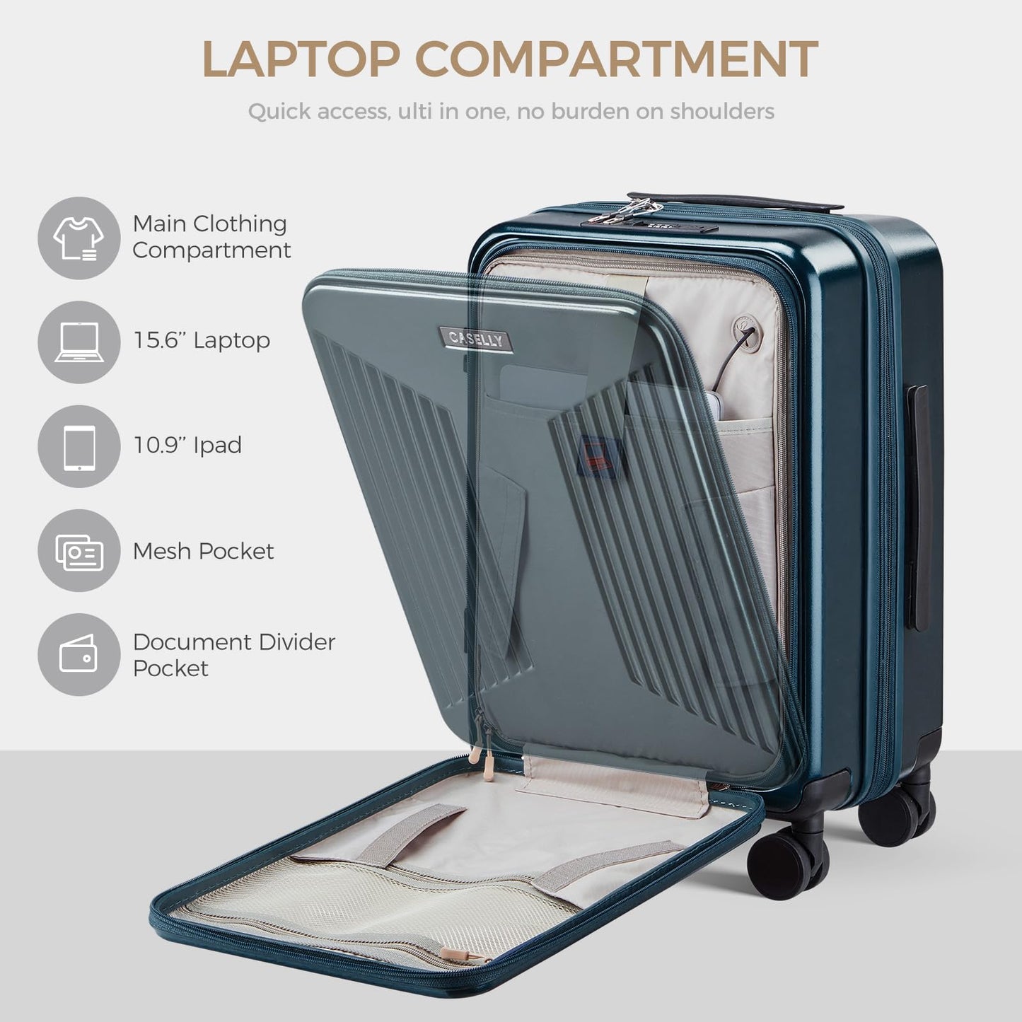 CASELLY Carry on Luggage Top opening Suitcases, Expandable with Cup Holder and USB Charging Port,Lightweight with Front Pocket Rolling Suitcases with Spinner Wheels