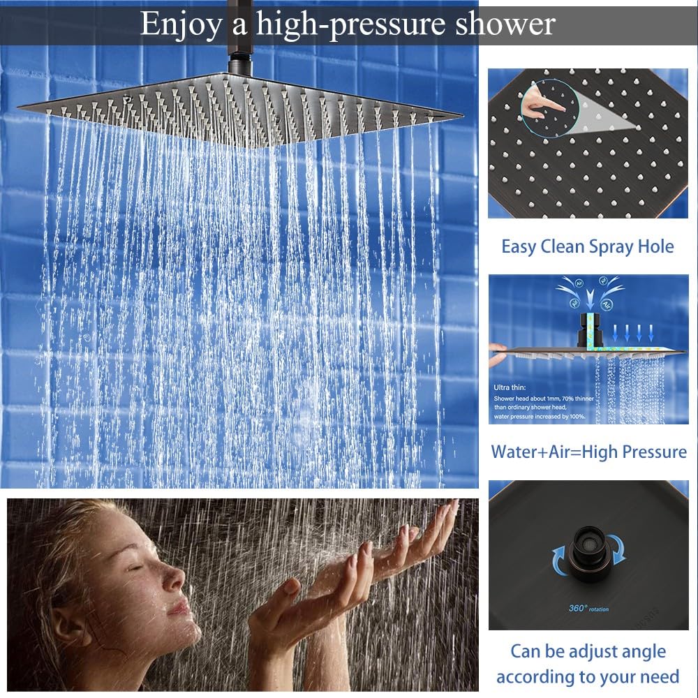 YCAIKOI 12 Inch Oil Rubbed Bronze Ceiling Mount Shower System Bathroom Luxury Rain Mixer Shower Combo Set Ceiling Rainfall Shower Head System Faucet Contain Rough-in Valve and Trim Included