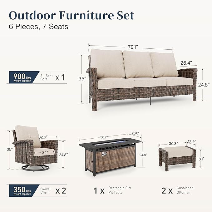 Patio Furniture Set with Swivel Chairs, High Back Wicker Rattan Furniture with 5.5" Thick Cushions, Fire Pit Table and Ottomans, All Weather Outdoor Conversation Set for Backyard Deck,7 Seats, Beige