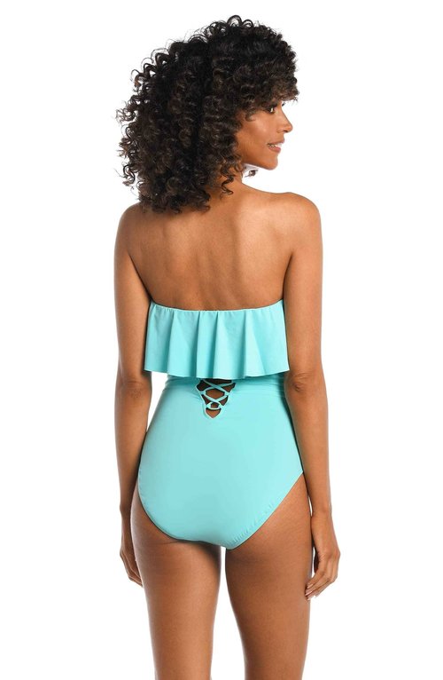 La Blanca Women's Island Goddess Ruffle Bandeau One Piece Swimsuit, Ice Blue, 10