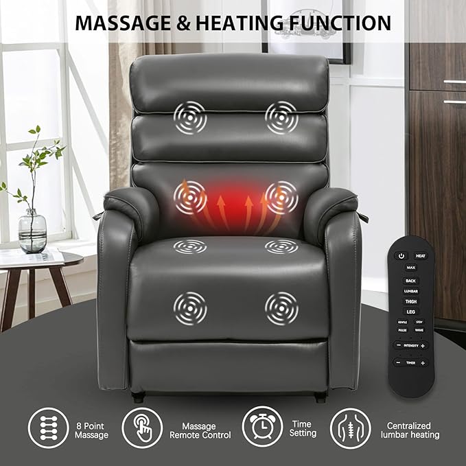 EONIX Dual Motor Lay Flat Power Lift Recliner Chair for Elderly, Breathable Faux Leather Electric Lift Chairs for Adults, 400lbs Heavy Duty Power Recliner with Heat Massage Charging Ports, Grey
