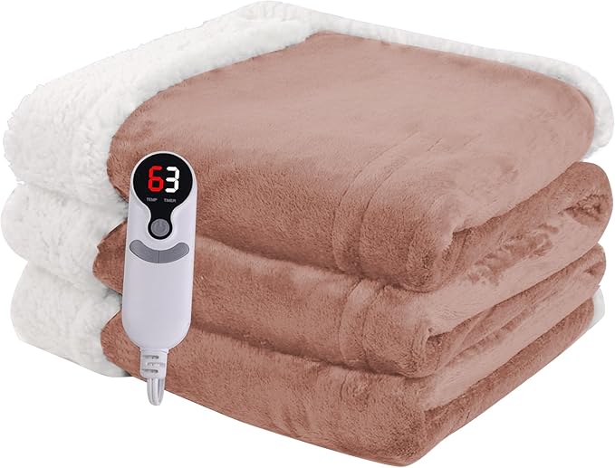 Heated Blanket Electric Throw Size 50''x60'' with 9 Heating Levels, 3 Hour Auto Shut Off, Machine Washable, Flannel & Sherpa Double-Sided Soft Warming Blanket for Couch, Bed, Office - Cozy Pink