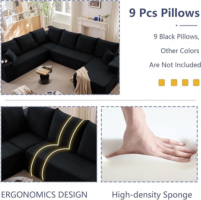137" Cloud Sectional Couch with L-Shape Chaise, Modern Corduroy Boneless Couch for Living Room,Memory Foam Sofa with Deep Seat,No Assembly Required (Black,Right-Facing Chaise)