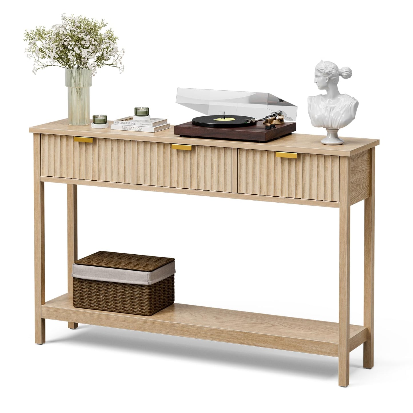 LCRBOL Console Table with Storage, Boho Entryway Table with 3 Fluted Drawers and Shelf, Sofa Table for Living Room, Entryway, Hallway, Natural