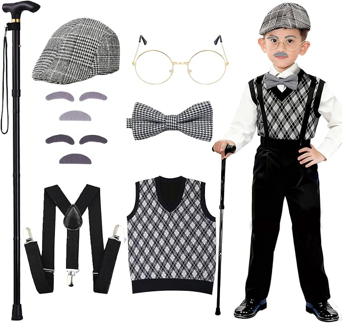 LUMIDEXA Kids 100 Days of School Costume for Boys, 8pc Old Man Costume Set, Grandpa Cosplay Parties with Many Parts
