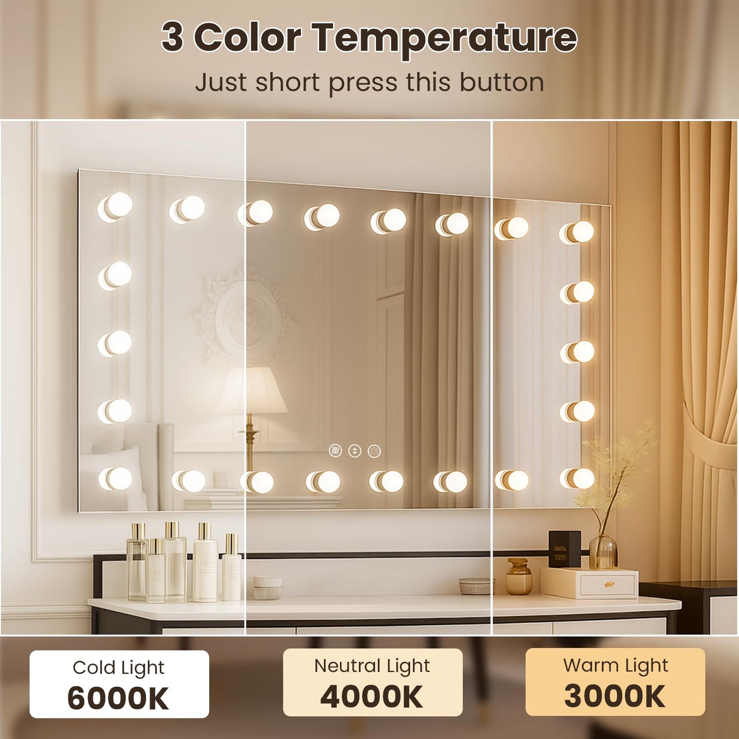 WTTY 84"x40" Hollywood Vanity Mirror with Lights, Wall-Mounted Makeup Mirror with 3 Color Temperatures, Stepless Dimmable Bulbs, Anti-Fog & Shatter-Proof