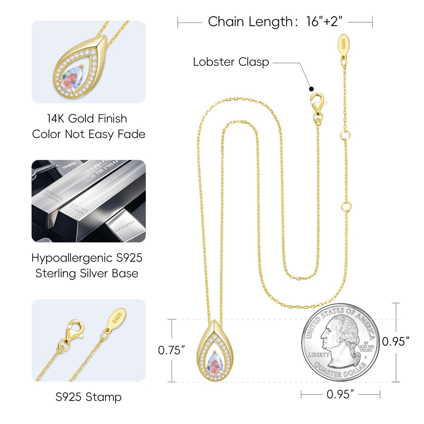 Kstyle 14K Gold Alexandrite Necklaces for Women Birthday Gift Teardrop June Birthstone Pendant Necklace 925 Sterling Silver Jewelry for Wife Girlfriend Daughter Mom Sister