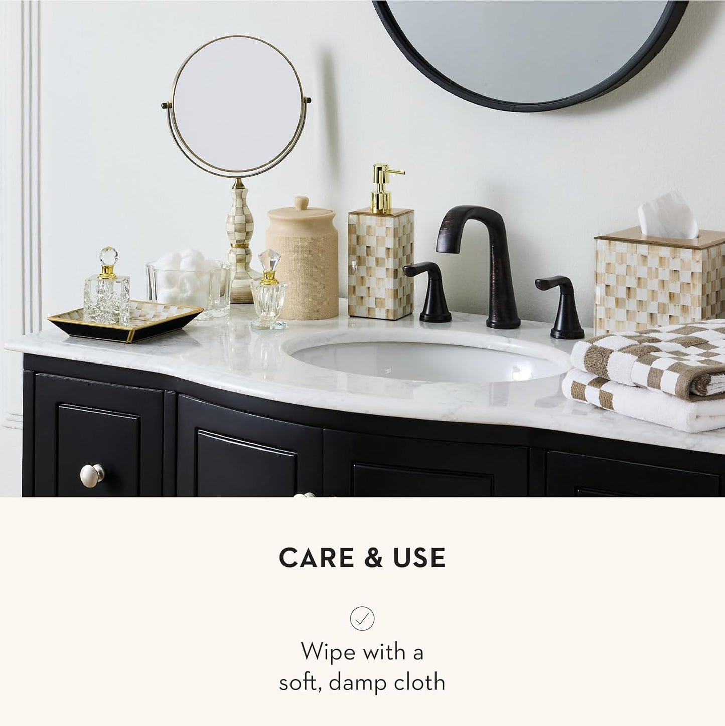 MACKENZIE-CHILDS Glass Tray, Decorative Bathroom Counter Tray, Small, Brown-and-White Mocha Check
