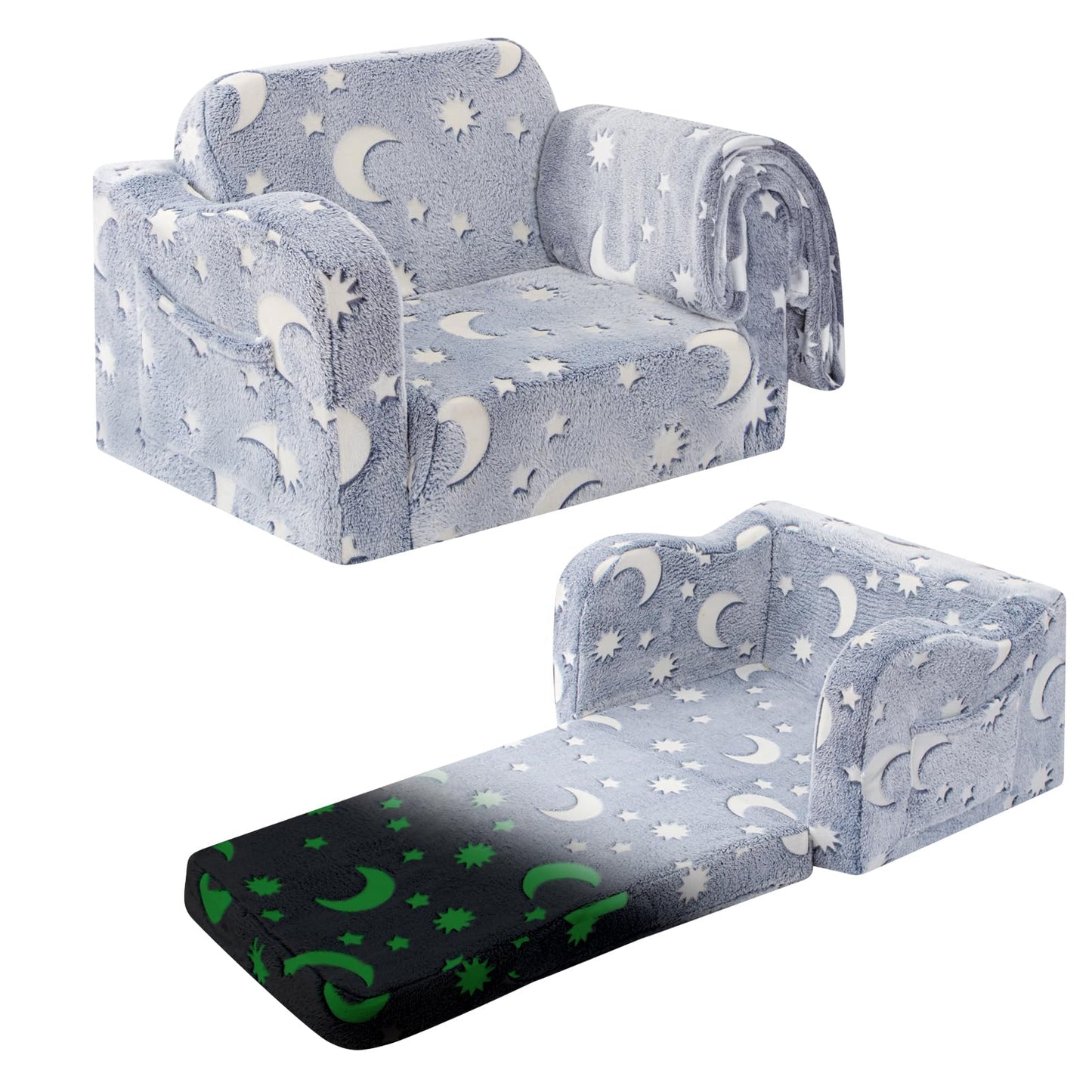 snow mini Kids Toddler Chair, 2-in-1 Toddler Couch Fold Out, Convertible Chairs for Toddlers Comfy Sofa to Lounger with Glow in The Dark Feature, Soft for Girls and Boys