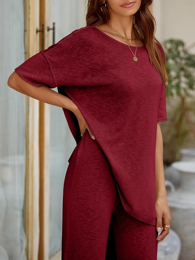 Tankaneo Women's 2 Piece Travel Outfits Casual Short Sleeve Knit Sweater Set Wide Leg Pants Lounge Sets Tracksuit