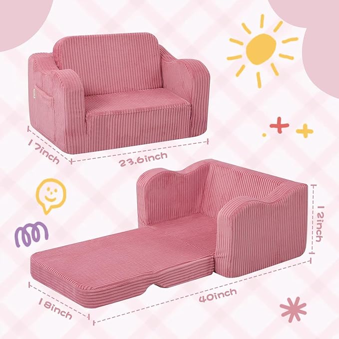 MeMoreCool Toddler Chair & Kids Couch Bed 2‑in‑1 Foldable Lounge Pink (1‑3 yrs) — Convertible Fold‑Out Seat to Sofa Bed for Toddlers, Soft Corduroy Finish, Machine‑Washable Cover, Ideal for Playrooms