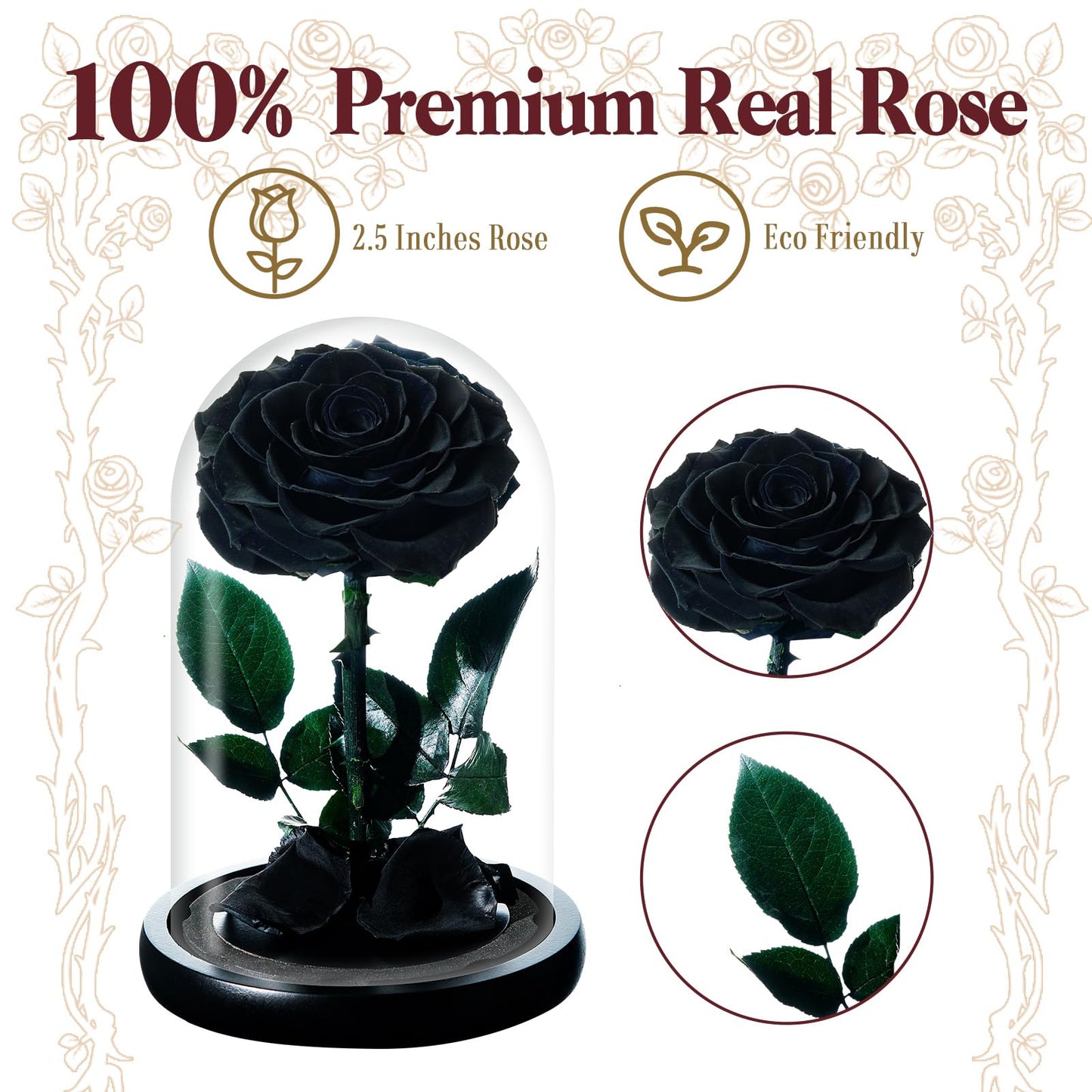 BLOSSBLISS Forever Preserved Flower Real Black Rose in Glass Dome, Flower Gift for Men Him Her Wife Husband Mother, Eternal Flowers for Christmas,Valentine's Day, Thanksgiving Day, Birthday,9 Inch