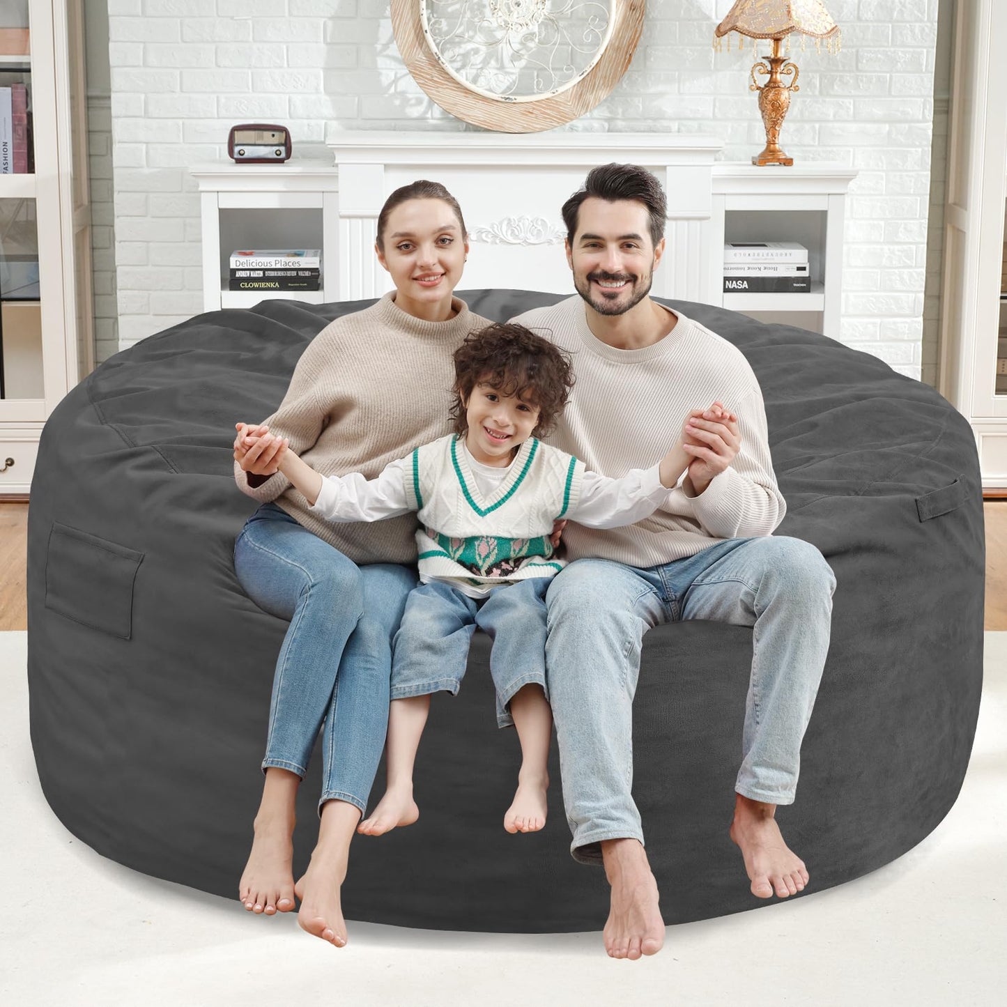 SIMFLAG 5FT Bean Bag Chair, Large Bean Bag Chairs with Memory Foam Filled, Fluffy Beanbag Sofa with Dutch Velvet Cover, Round BeanBag Chairs for Living Room, Playroom - Grey