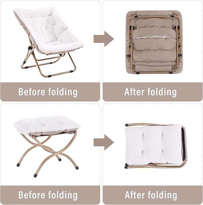 Givjoy Comfy Folded Chair with Ottoman, Oversized Folding Faux Fur Chair Soft Furry Lounge Lazy Chair with Metal Frame Moon Chair Accent Chair for Bedroom, Living Room, Dorm Rooms