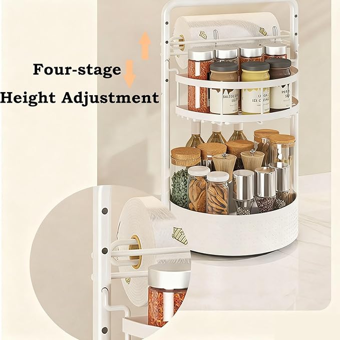 JEESA Lazy Susan Organizer, 360° Rotating Metal Spice Rack with Paper Towel Holder, Turntable Spice Holder for Condiments, Bottles, Jars, Suit for Kitchen Countertop & Cabinet, White