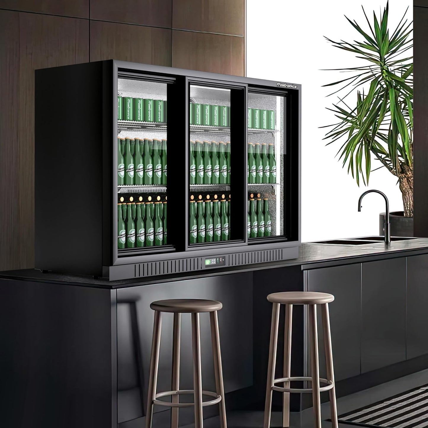 Frostronics 54 in. 335 cans Triple Sliding Door Back Bar Beverage Cooler, 10.8 cu. ft. Under Counter Glass Door Bar Fridge, lockable, 32-50°F Display Refrigerator, ETL & NSF7 Certified