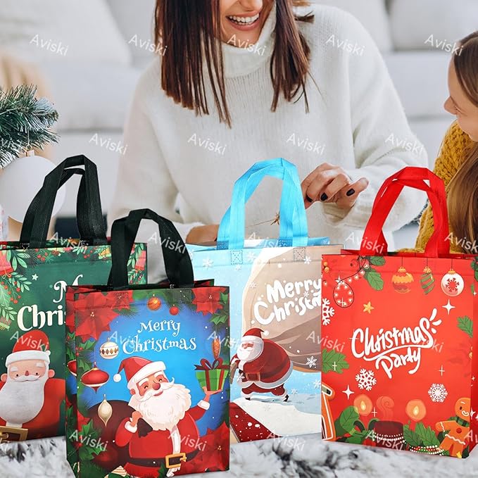 4PCS Christmas Gift Bags, Multifunctional Treat Non woven Christmas Bags with Handles for Gifts Wrapping Shopping, Xmas Party Supplies