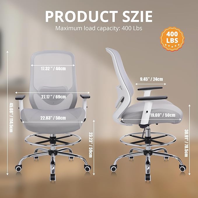 Heavy Duty Office Drafting Chair, High Back Ergonomic Chair,400Lbs Tall Office Chairs, Big and Tall Office Chair with Flip-up Armrest Lumbar Support and Footrest, Adjustable Counter Height Chairs