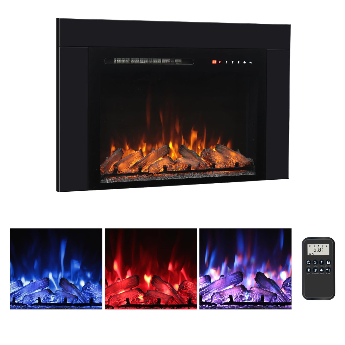 Oxhark Flame 28 Inches Electric Fireplace Insert with Trim Kit, Wall Mounted & Recessed Electric Fireplace Inserts with 8 Flame Colors, Remote Control, 6 Levels Brightness, 9H Timer, Black, 1500W/750W