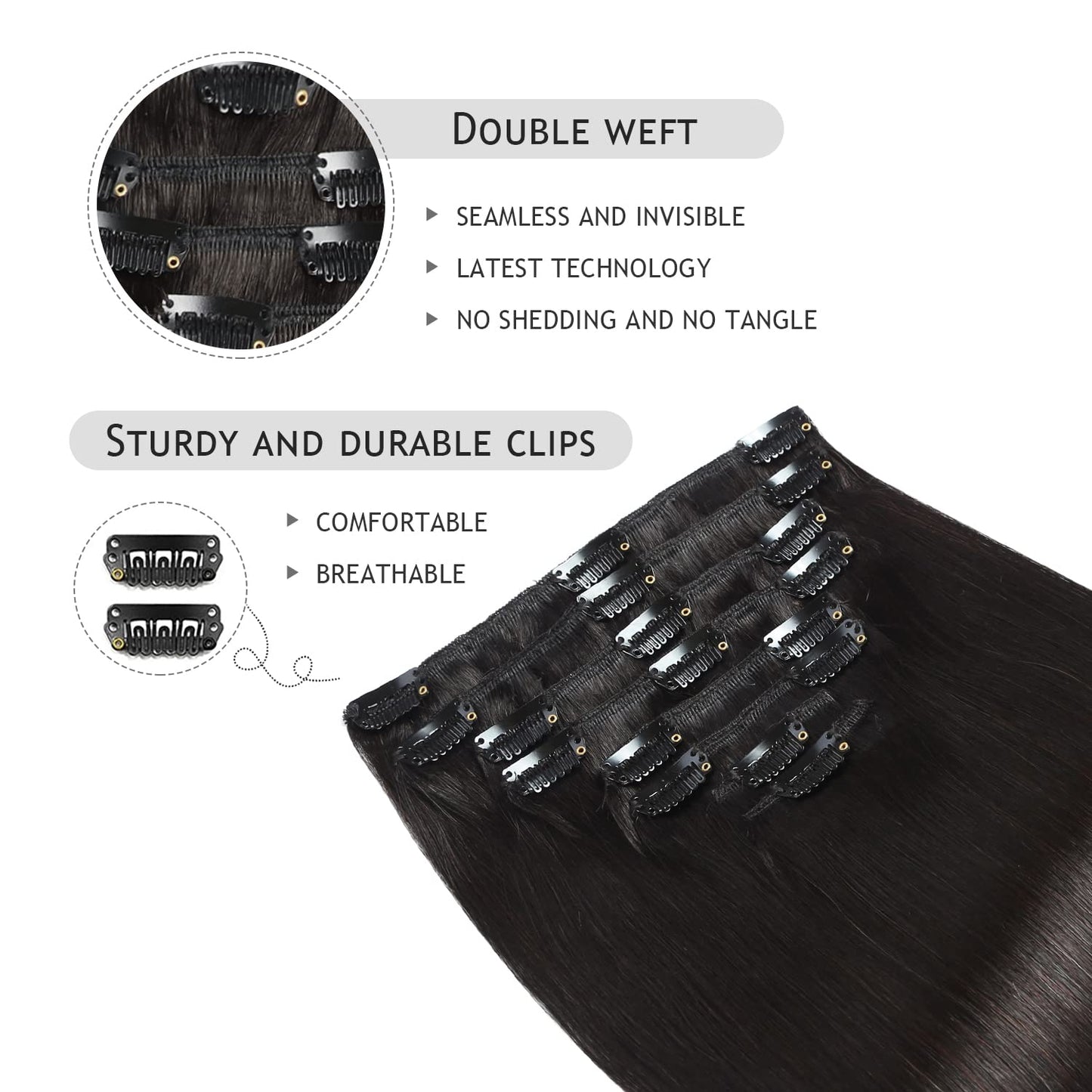YILITE Off Black Clip in Hair Extensions Real Human Hair 14 Inch 110g 8pcs Hair Extensions Real Human Hair Natural Silky Double