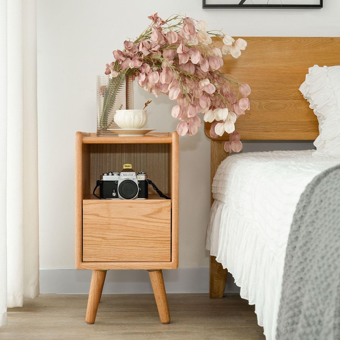 Cttasty Night Stand, Solid Wood Nightsatnd with One Drawer & Open Shelf, Mid Century Modern Nightstand, Durable & Sturdy Small End Table, 11.81 W x 15.75 D x 22.05 H Inches, (Natural)