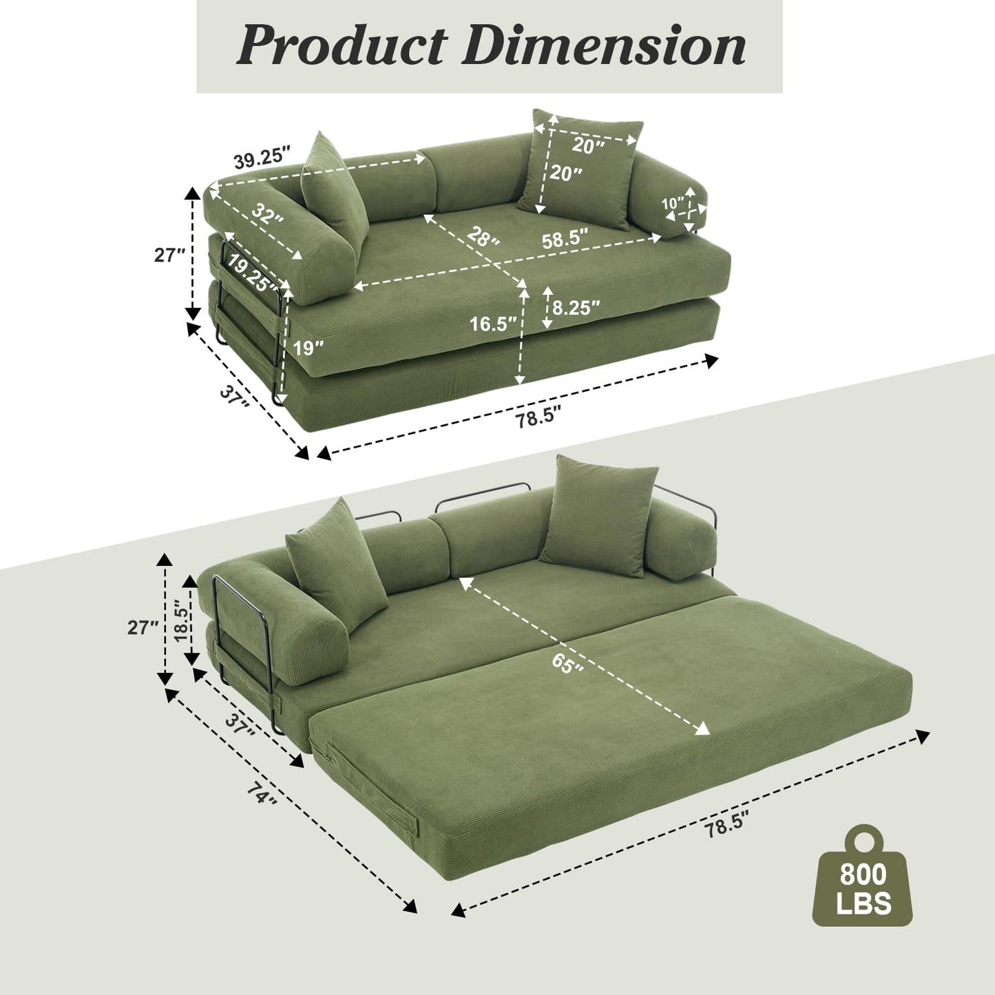 MAKIAAP 78.5'' Convertible Folding Sofa Bed – 4-in-1 Modular Floor Couch, Corduroy Small Cloud Couch, Compressed Foldable Sleeper Sofa, King Size Futon for Bedroom, Guest Room (Green)