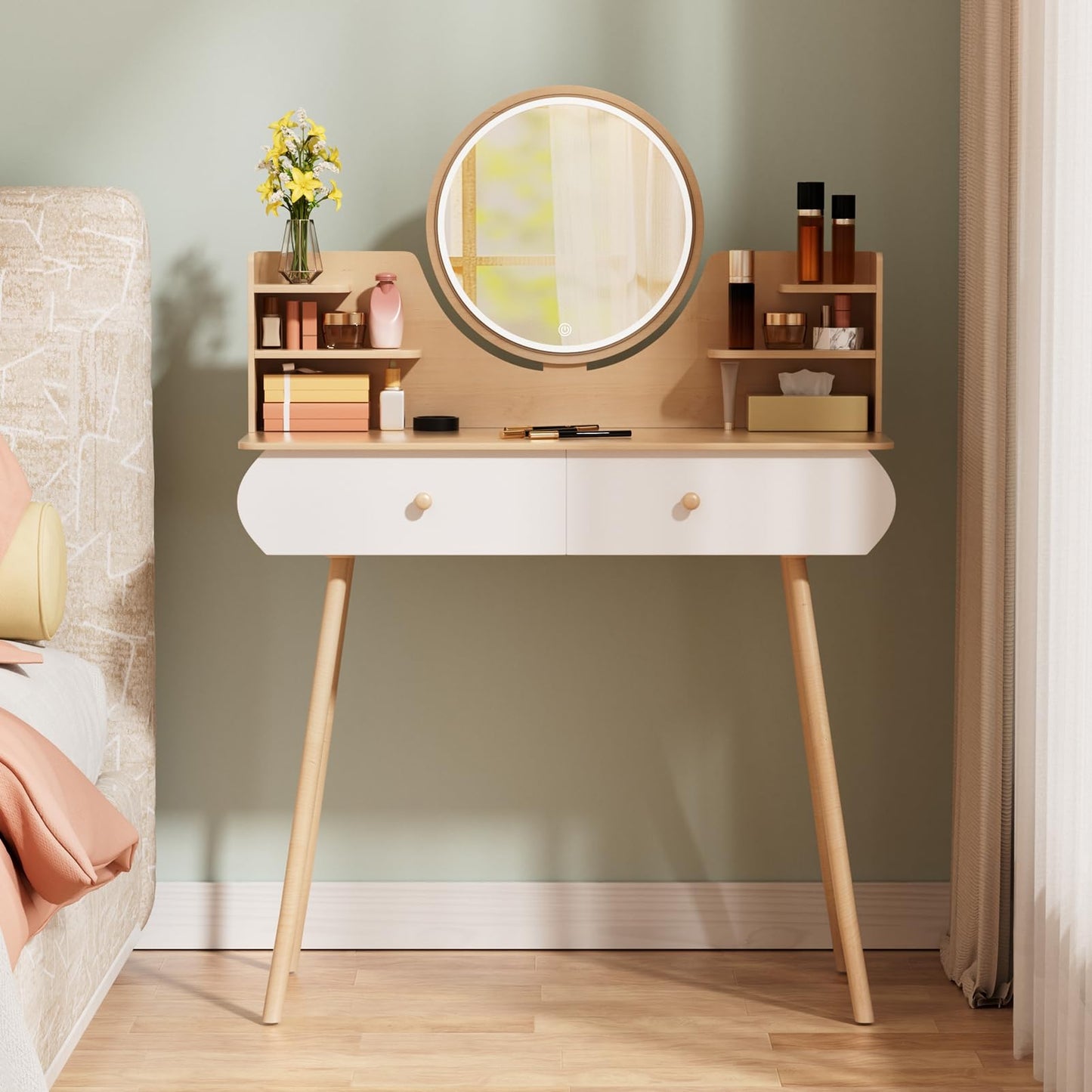 yoakaiax Vanity Mirror with Lights Makeup Vanity Desk with LED Lighted Mirror, Dressing Table with 2 Drawers and Opening Shelves, Bedroom Dressing Table, 3 Modes Brightness Adjustable Wooden Color