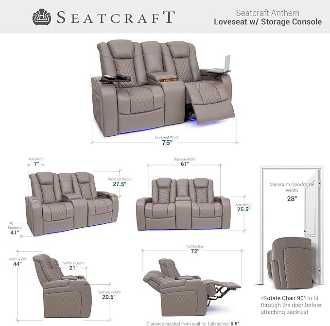 Seatcraft Anthem Italian Leather Sofa w/Fold-Down Table & Loveseat w/Storage Console, Living Room, Power Headrest, Power Recline, Gray