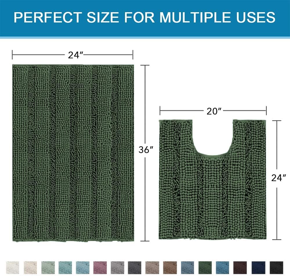 H.VERSAILTEX Bathroom Rugs Bath Rug Set 2 Piece Bathroom Contour Rug Toilet Mat Sets Non Slip Contour Bath Rug Ultra Thick Water Absorbent Striped Bath Mats(36" x 24" Plus 20" x 24" U, Bronze Green)