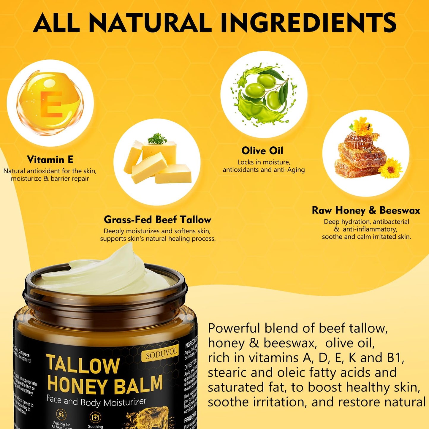 Liventhrall Organic Beef Tallow Honey Balm for Skin, Body & Face Moisturizer, Whipped Grass Fed Cow Tallow Cream with Raw Honey,